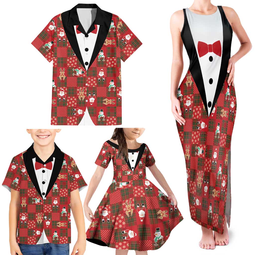 Christmas Patchwork Fake Tuxedo Family Matching Tank Maxi Dress and Hawaiian Shirt Santa and Reindeer Red Plaid Style - Wonder Print Shop