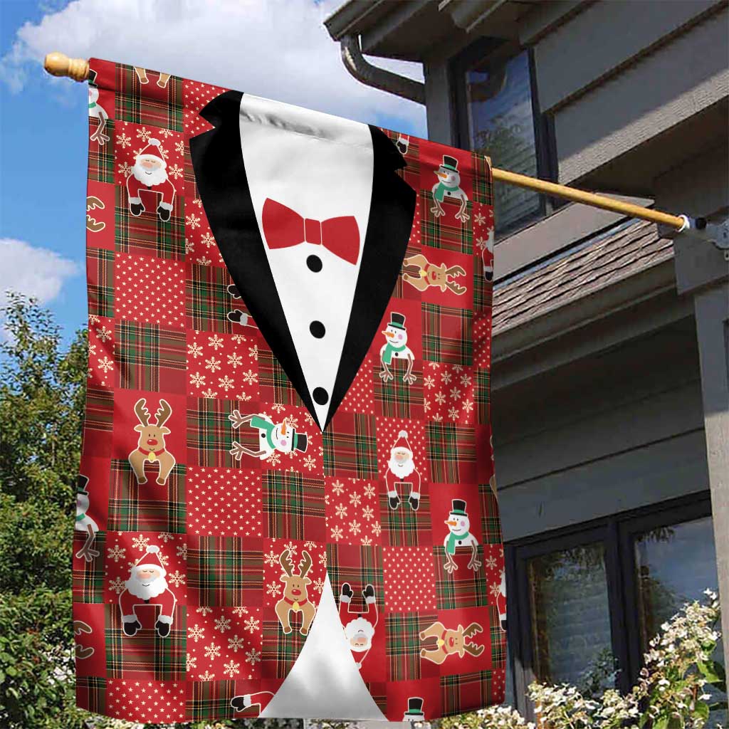 Christmas Patchwork Fake Tuxedo Garden Flag Santa and Reindeer Red Plaid Style - Wonder Print Shop