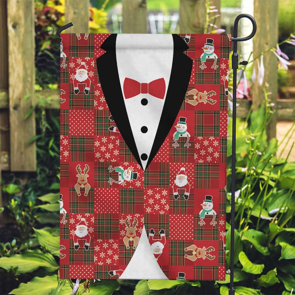 Christmas Patchwork Fake Tuxedo Garden Flag Santa and Reindeer Red Plaid Style - Wonder Print Shop