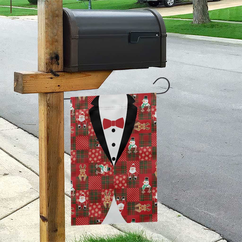 Christmas Patchwork Fake Tuxedo Garden Flag Santa and Reindeer Red Plaid Style - Wonder Print Shop