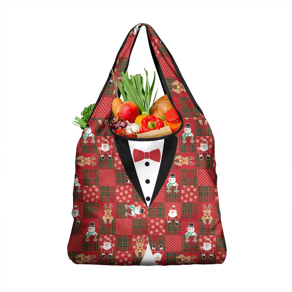 Christmas Patchwork Fake Tuxedo Grocery Bag Santa and Reindeer Red Plaid Style - Wonder Print Shop