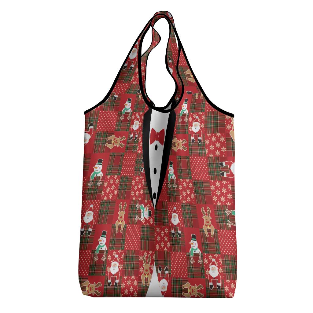 Christmas Patchwork Fake Tuxedo Grocery Bag Santa and Reindeer Red Plaid Style - Wonder Print Shop