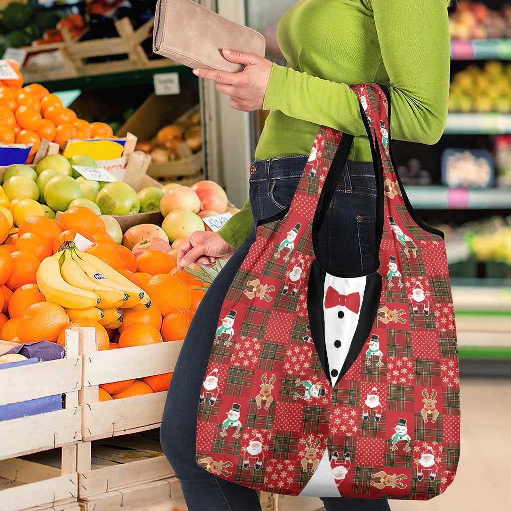 Christmas Patchwork Fake Tuxedo Grocery Bag Santa and Reindeer Red Plaid Style - Wonder Print Shop