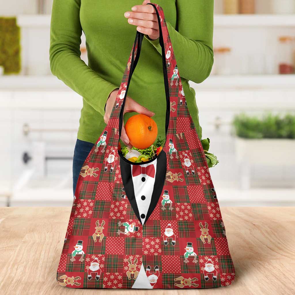 Christmas Patchwork Fake Tuxedo Grocery Bag Santa and Reindeer Red Plaid Style - Wonder Print Shop