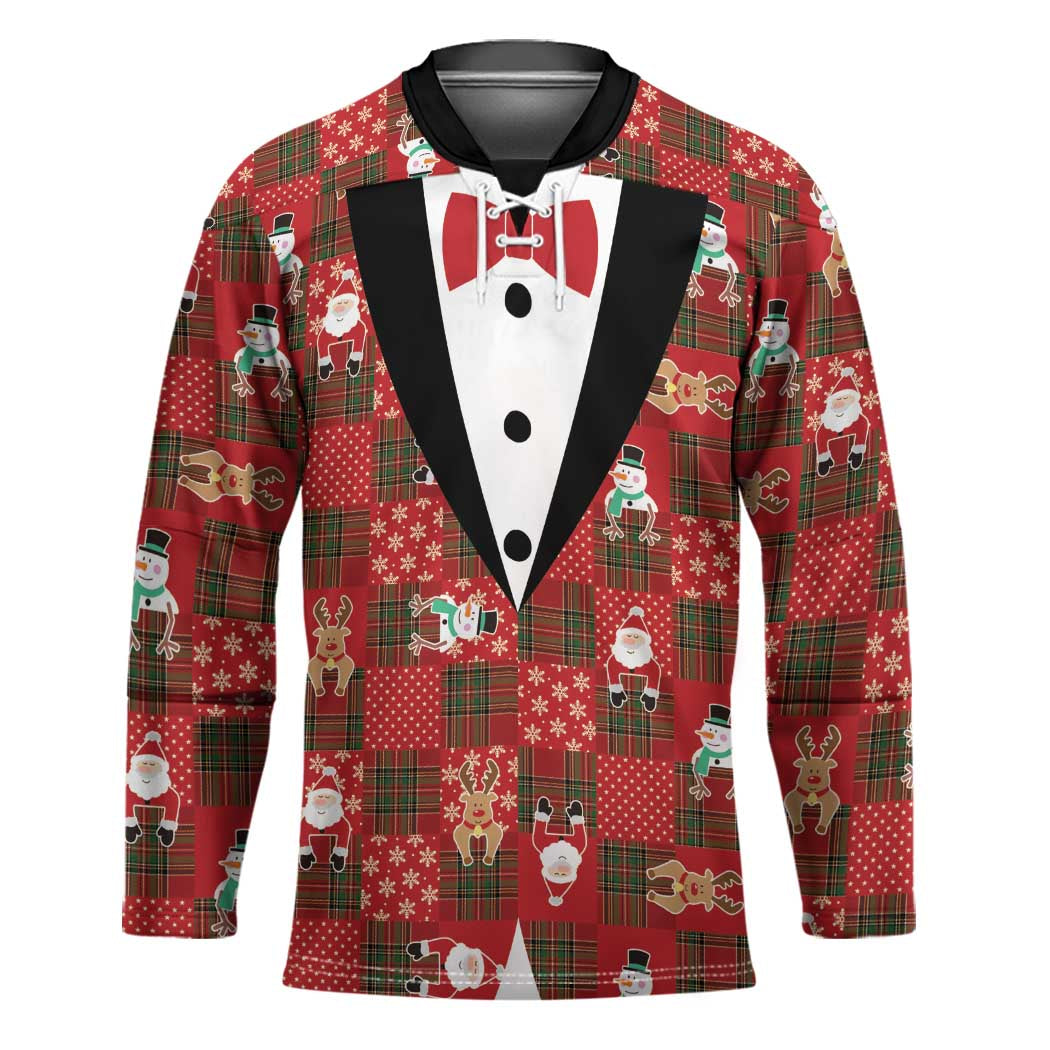 Christmas Patchwork Fake Tuxedo Hockey Jersey Santa and Reindeer Red Plaid Style - Wonder Print Shop