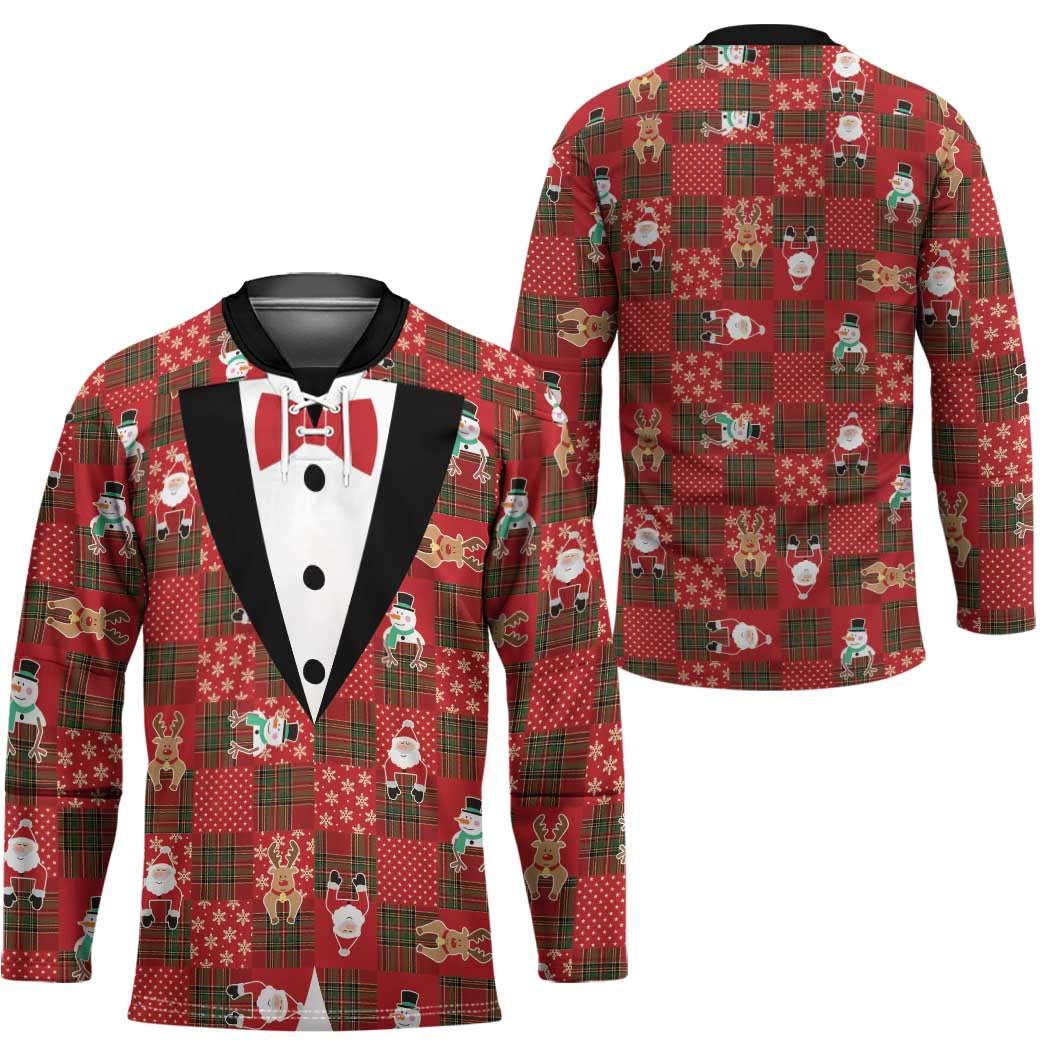 Christmas Patchwork Fake Tuxedo Hockey Jersey Santa and Reindeer Red Plaid Style - Wonder Print Shop