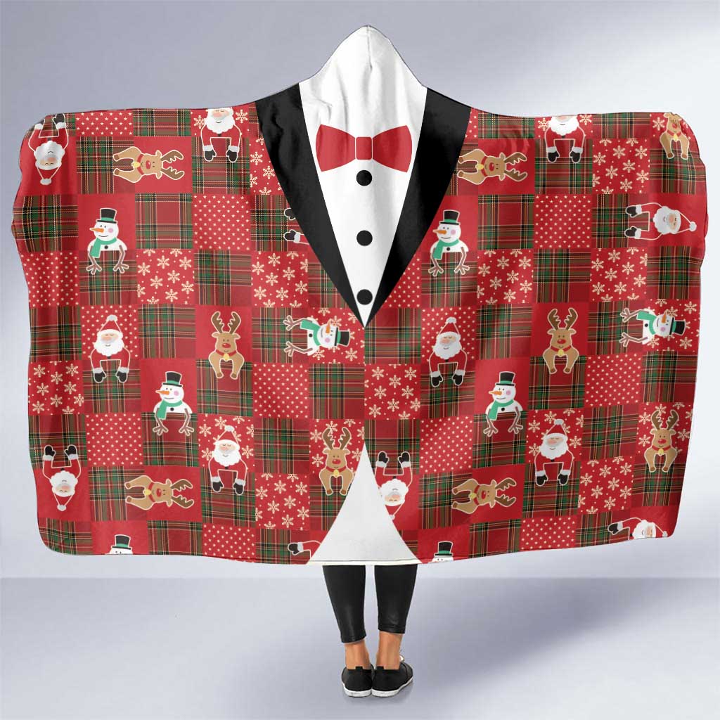 Christmas Patchwork Fake Tuxedo Hooded Blanket Santa and Reindeer Red Plaid Style - Wonder Print Shop