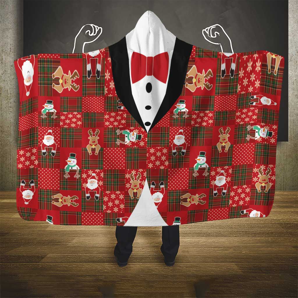 Christmas Patchwork Fake Tuxedo Hooded Blanket Santa and Reindeer Red Plaid Style - Wonder Print Shop