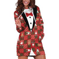 Christmas Patchwork Fake Tuxedo Hoodie Dress Santa and Reindeer Red Plaid Style - Wonder Print Shop
