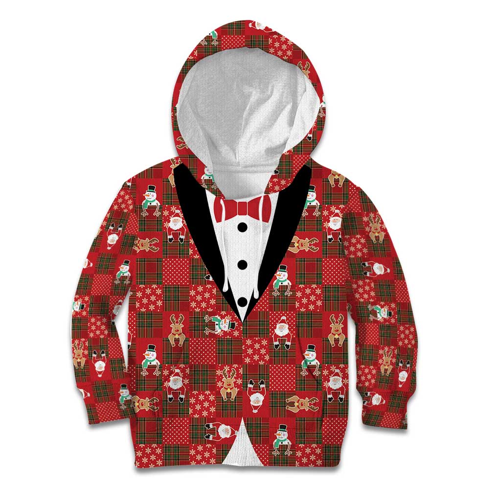 Christmas Patchwork Fake Tuxedo Kid Hoodie Santa and Reindeer Red Plaid Style - Wonder Print Shop