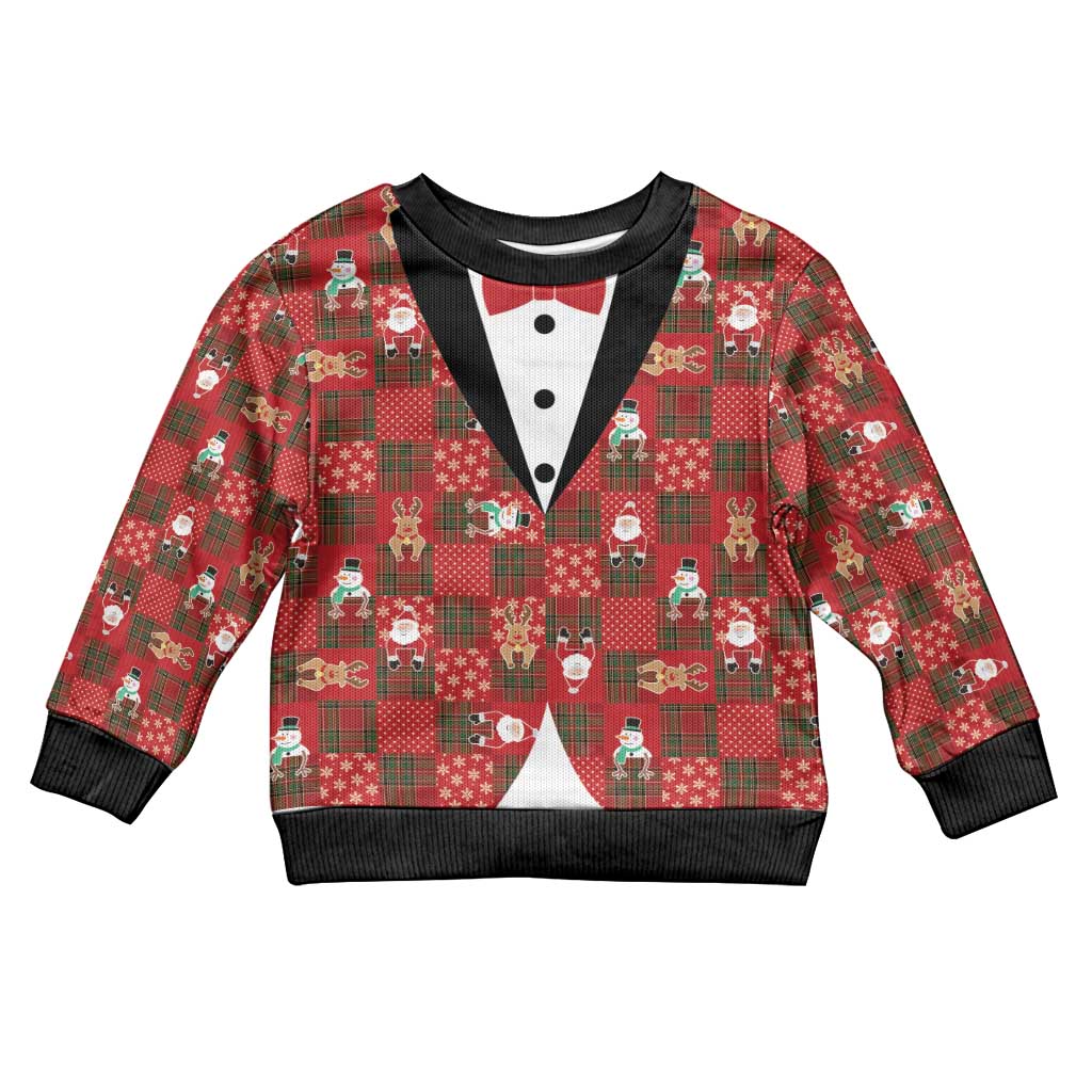 Christmas Patchwork Fake Tuxedo Kid Ugly Christmas Sweater Santa and Reindeer Red Plaid Style - Wonder Print Shop