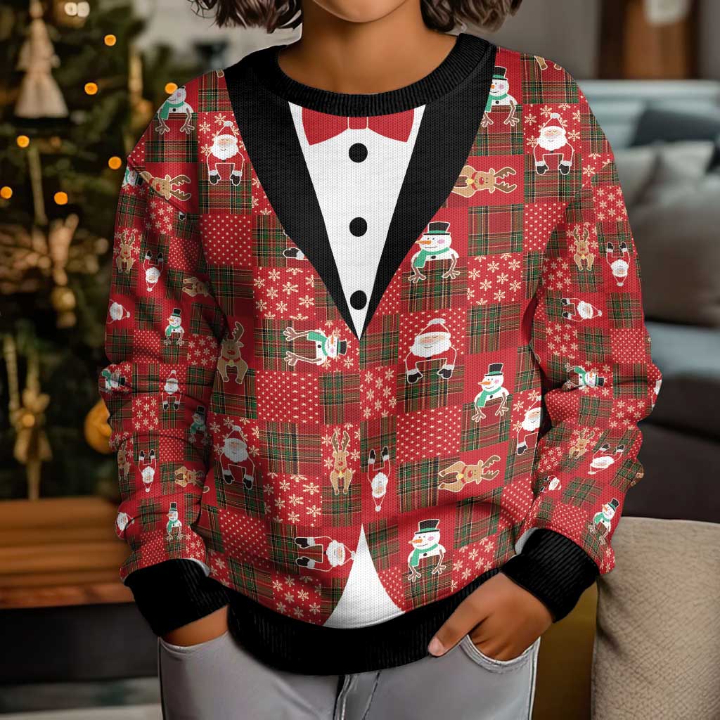 Christmas Patchwork Fake Tuxedo Kid Ugly Christmas Sweater Santa and Reindeer Red Plaid Style - Wonder Print Shop