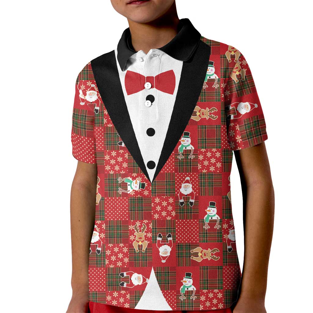 Christmas Patchwork Fake Tuxedo Kid Polo Shirt Santa and Reindeer Red Plaid Style - Wonder Print Shop