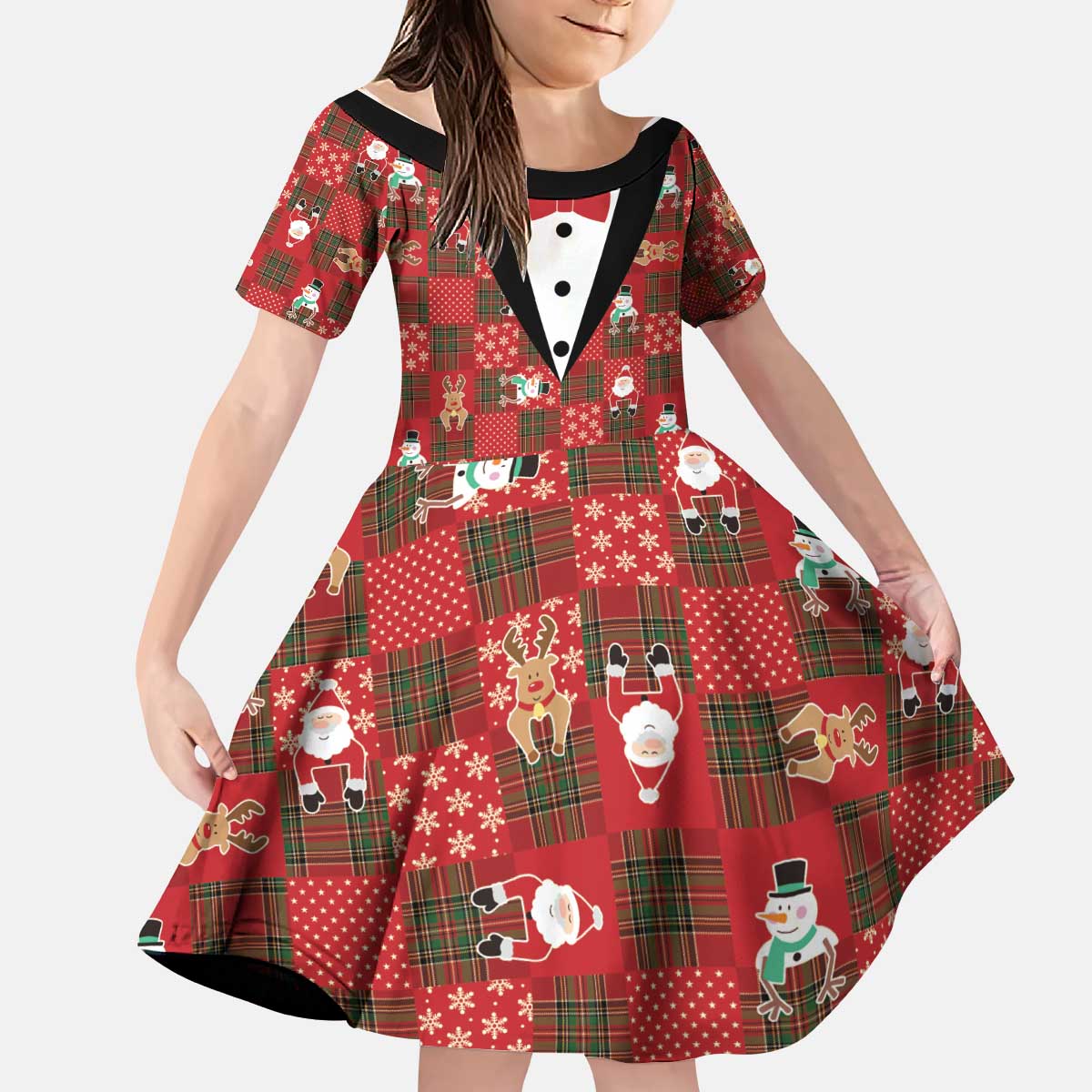 Christmas Patchwork Fake Tuxedo Kid Short Sleeve Dress Santa and Reindeer Red Plaid Style - Wonder Print Shop