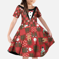 Christmas Patchwork Fake Tuxedo Kid Short Sleeve Dress Santa and Reindeer Red Plaid Style - Wonder Print Shop