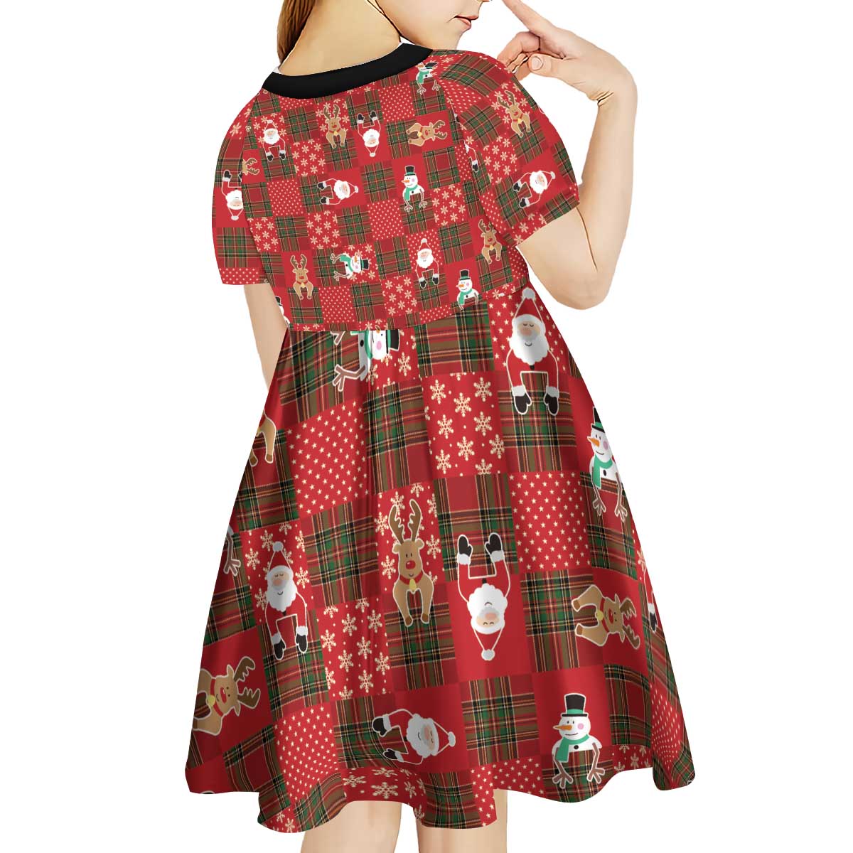 Christmas Patchwork Fake Tuxedo Kid Short Sleeve Dress Santa and Reindeer Red Plaid Style - Wonder Print Shop