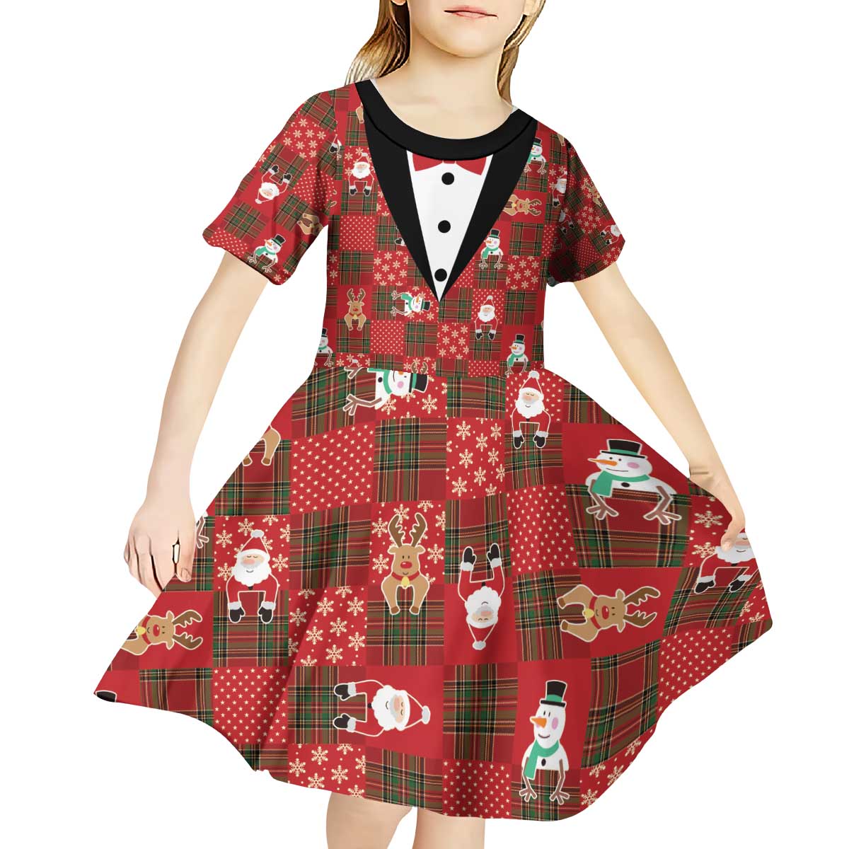 Christmas Patchwork Fake Tuxedo Kid Short Sleeve Dress Santa and Reindeer Red Plaid Style - Wonder Print Shop