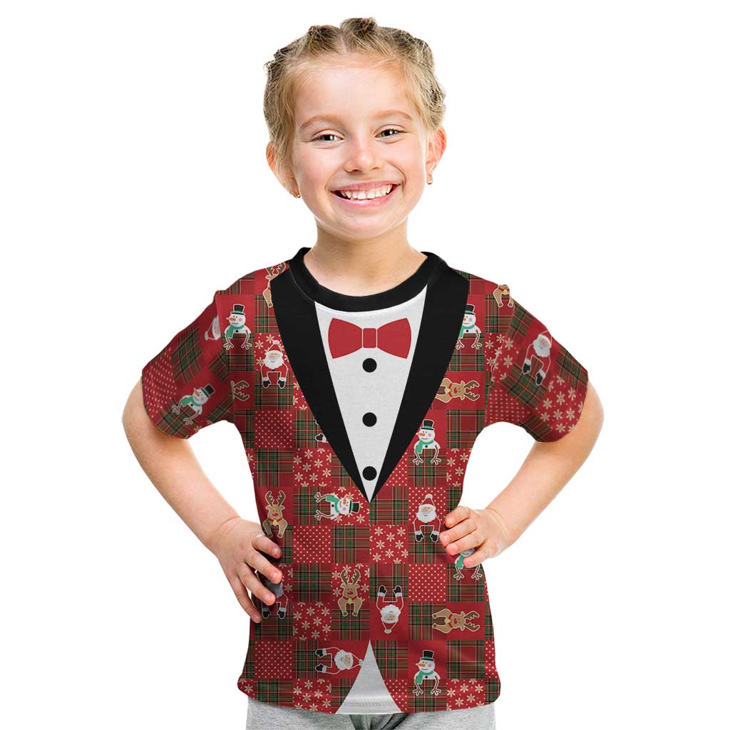 Christmas Patchwork Fake Tuxedo Kid T Shirt Santa and Reindeer Red Plaid Style - Wonder Print Shop