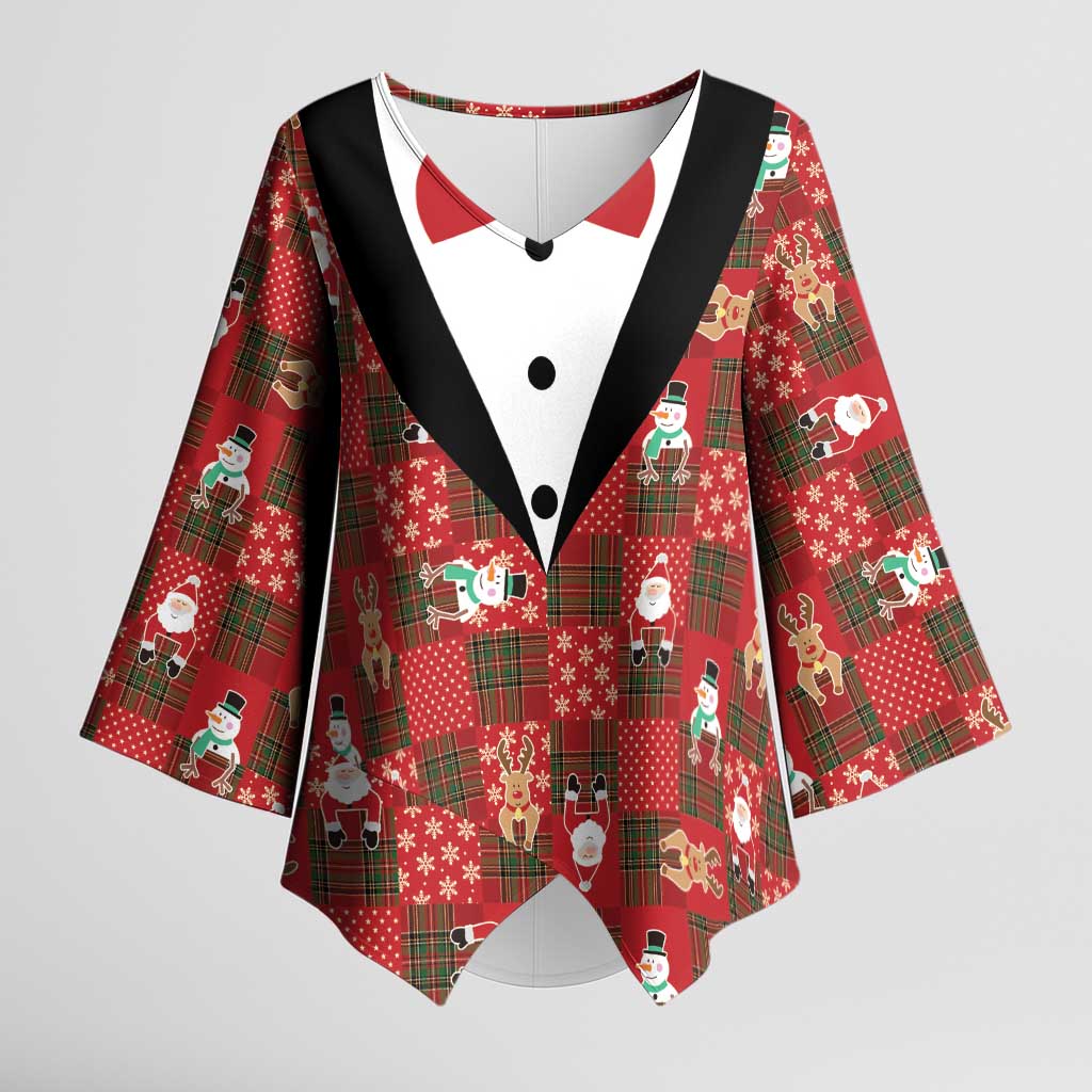 Christmas Patchwork Fake Tuxedo Kimono Sleeve Blouse Santa and Reindeer Red Plaid Style - Wonder Print Shop