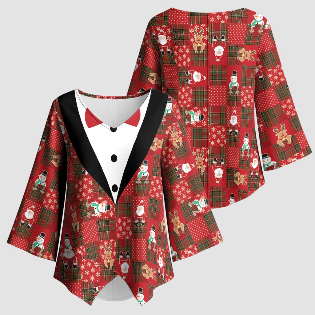 Christmas Patchwork Fake Tuxedo Kimono Sleeve Blouse Santa and Reindeer Red Plaid Style - Wonder Print Shop