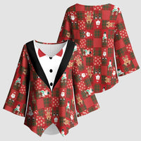 Christmas Patchwork Fake Tuxedo Kimono Sleeve Blouse Santa and Reindeer Red Plaid Style - Wonder Print Shop
