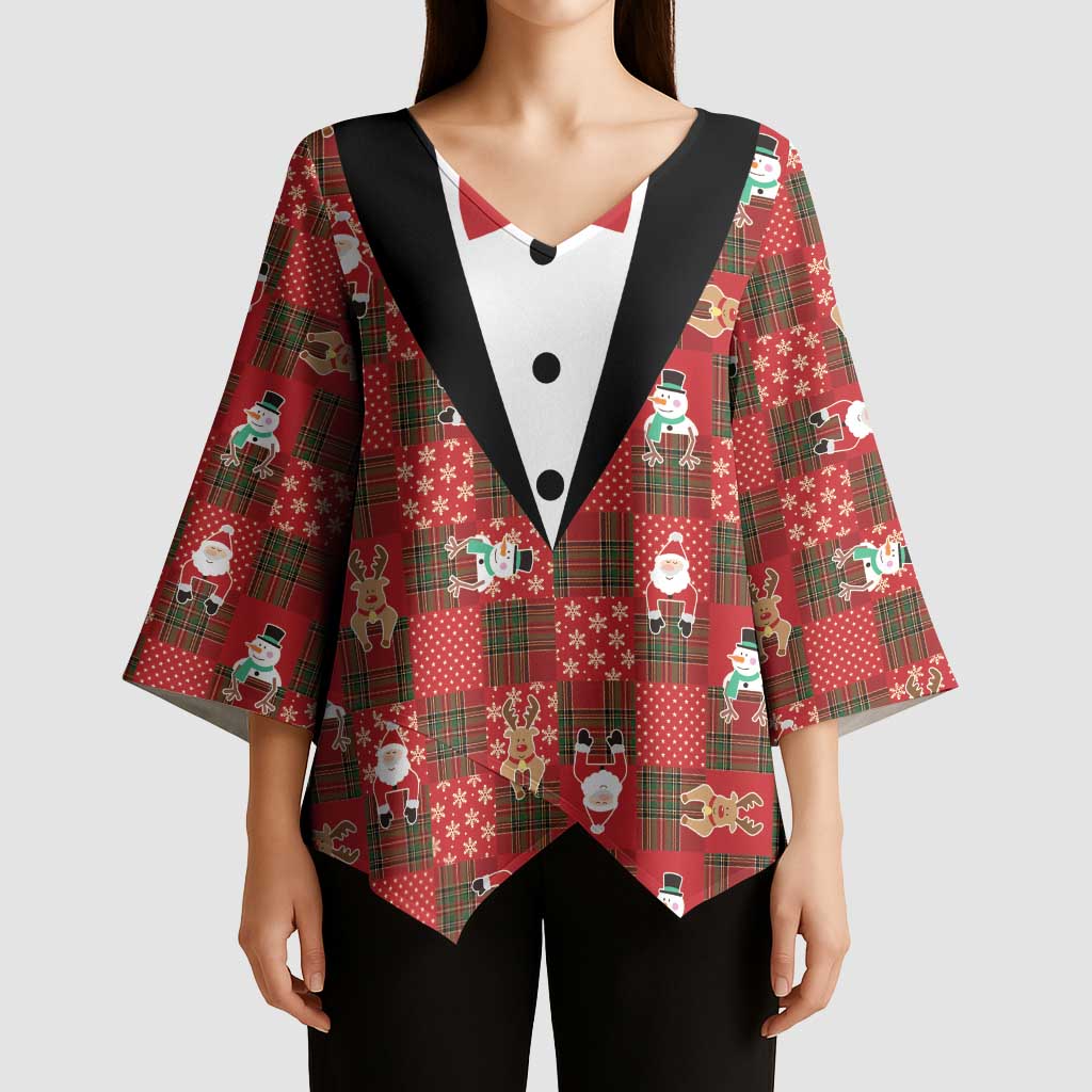 Christmas Patchwork Fake Tuxedo Kimono Sleeve Blouse Santa and Reindeer Red Plaid Style - Wonder Print Shop