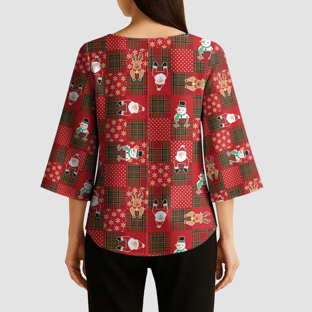 Christmas Patchwork Fake Tuxedo Kimono Sleeve Blouse Santa and Reindeer Red Plaid Style - Wonder Print Shop