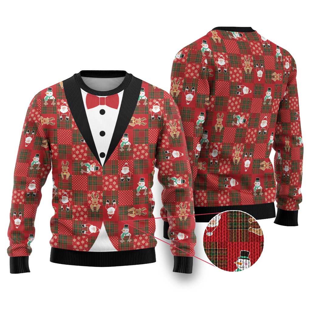 Christmas Patchwork Fake Tuxedo Ugly Christmas Sweater Santa and Reindeer Red Plaid Style - Wonder Print Shop