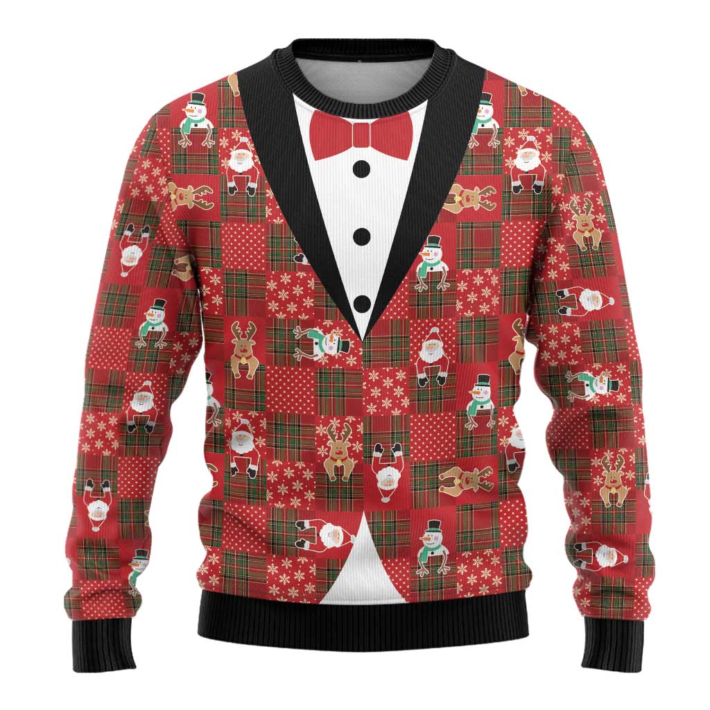 Christmas Patchwork Fake Tuxedo Ugly Christmas Sweater Santa and Reindeer Red Plaid Style - Wonder Print Shop