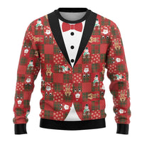 Christmas Patchwork Fake Tuxedo Ugly Christmas Sweater Santa and Reindeer Red Plaid Style - Wonder Print Shop