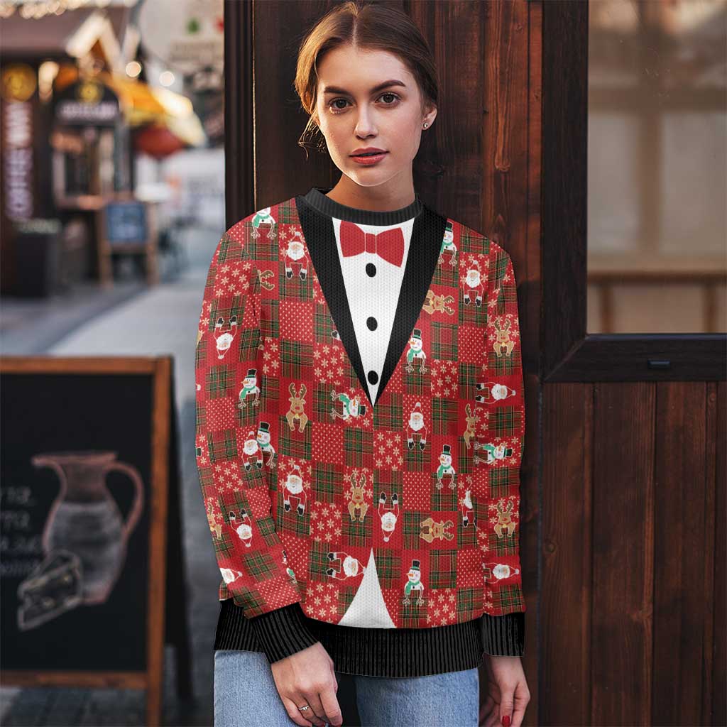 Christmas Patchwork Fake Tuxedo Ugly Christmas Sweater Santa and Reindeer Red Plaid Style - Wonder Print Shop