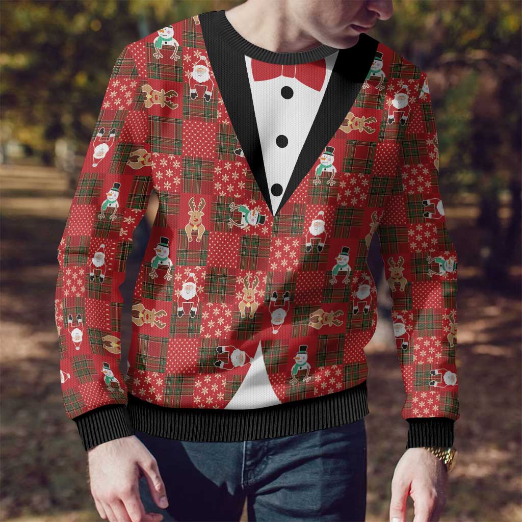 Christmas Patchwork Fake Tuxedo Ugly Christmas Sweater Santa and Reindeer Red Plaid Style - Wonder Print Shop