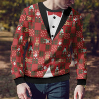 Christmas Patchwork Fake Tuxedo Ugly Christmas Sweater Santa and Reindeer Red Plaid Style - Wonder Print Shop