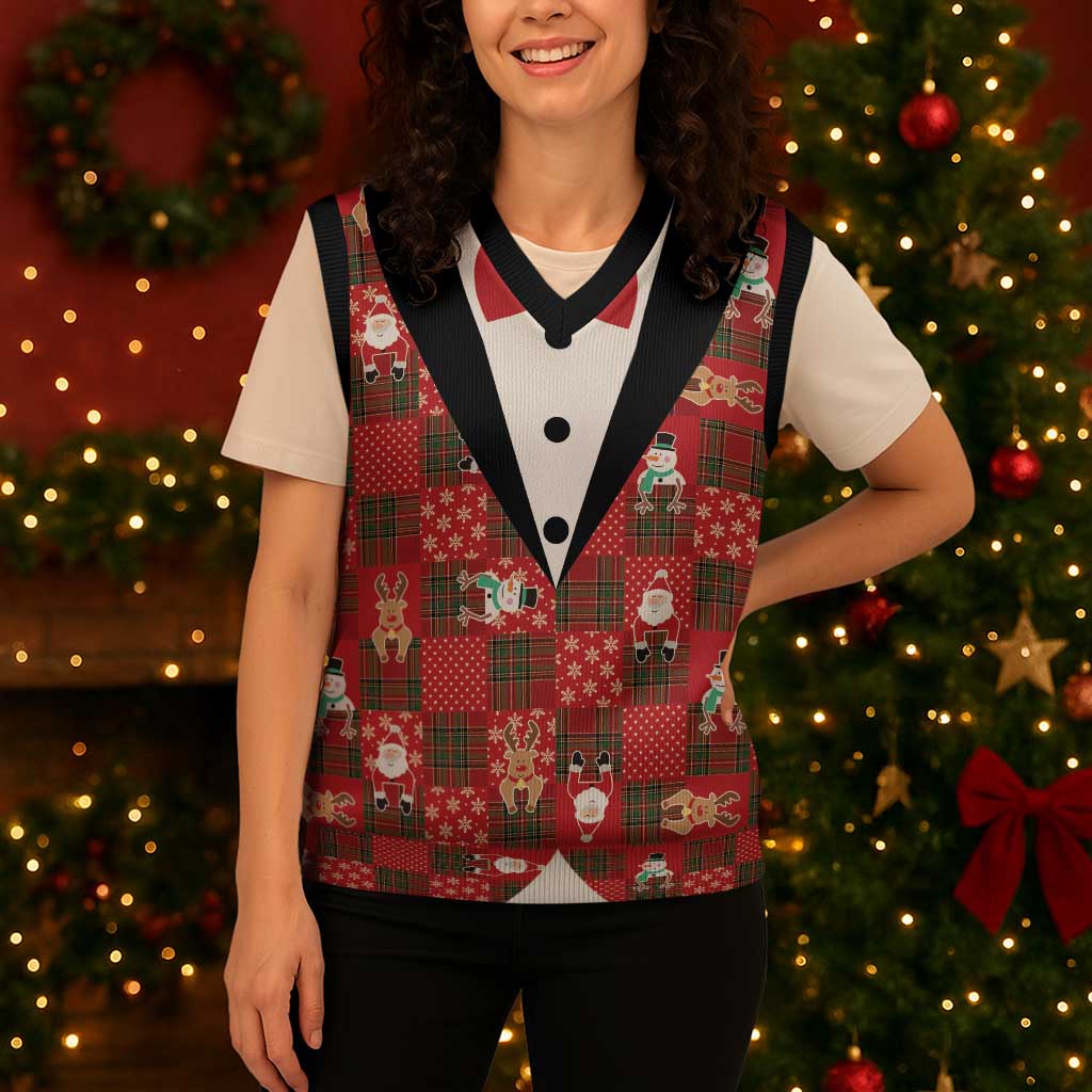Christmas Patchwork Fake Tuxedo Christmas Knitted V-Neck Vest Santa and Reindeer Red Plaid Style - Wonder Print Shop