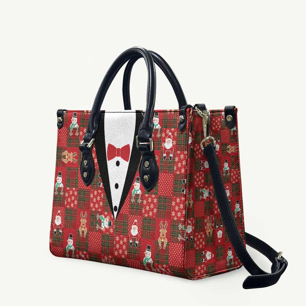 Christmas Patchwork Fake Tuxedo Leather Bag Santa and Reindeer Red Plaid Style - Wonder Print Shop