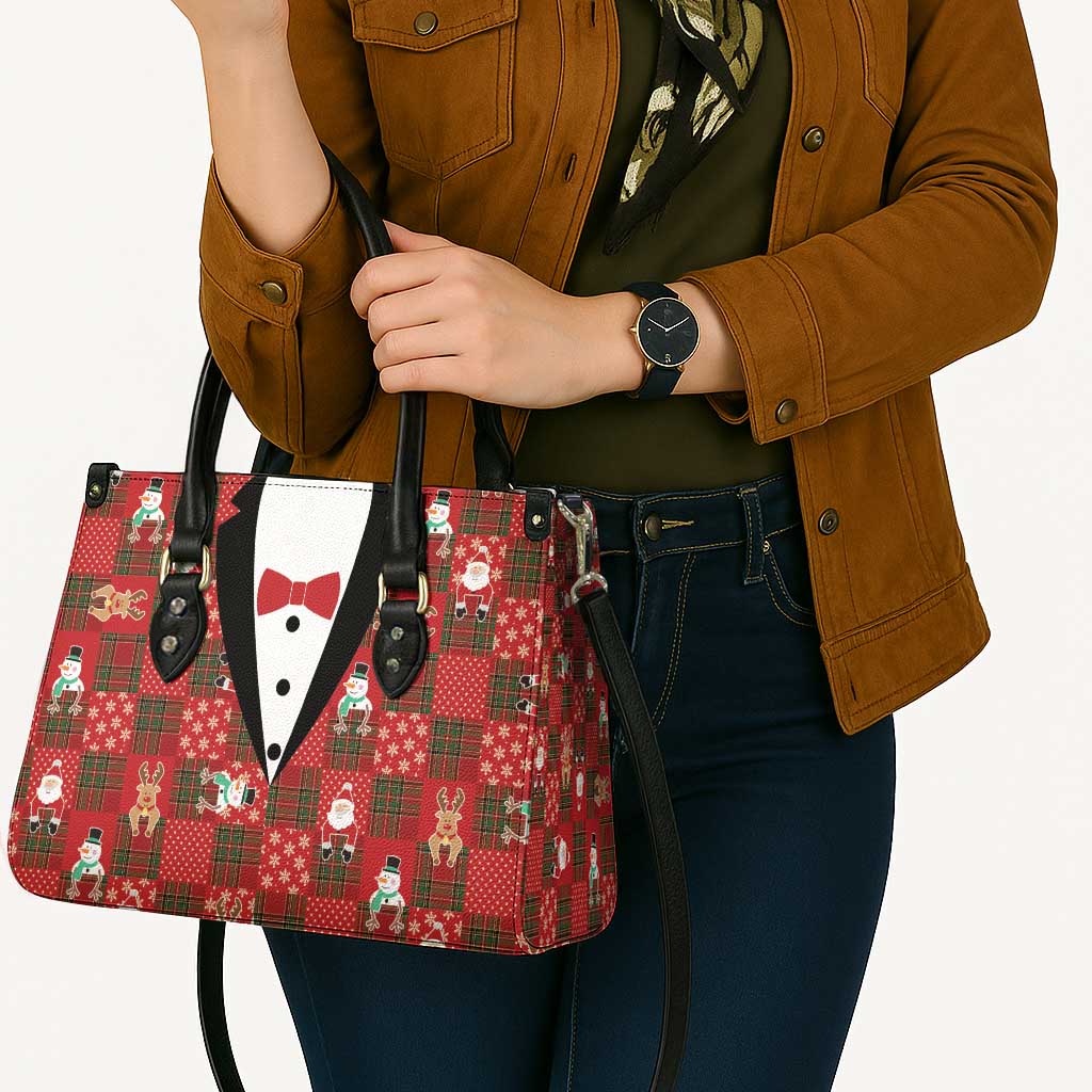 Christmas Patchwork Fake Tuxedo Leather Bag Santa and Reindeer Red Plaid Style - Wonder Print Shop