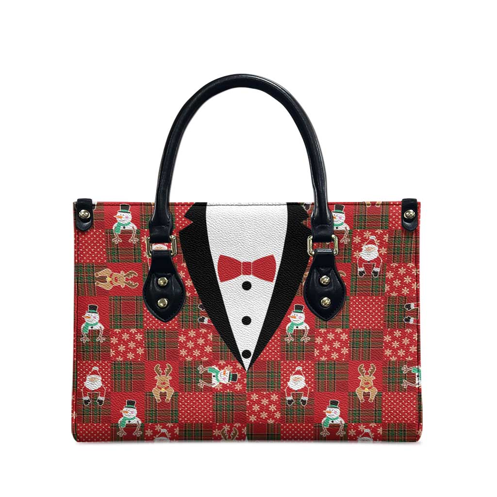 Christmas Patchwork Fake Tuxedo Leather Bag Santa and Reindeer Red Plaid Style - Wonder Print Shop