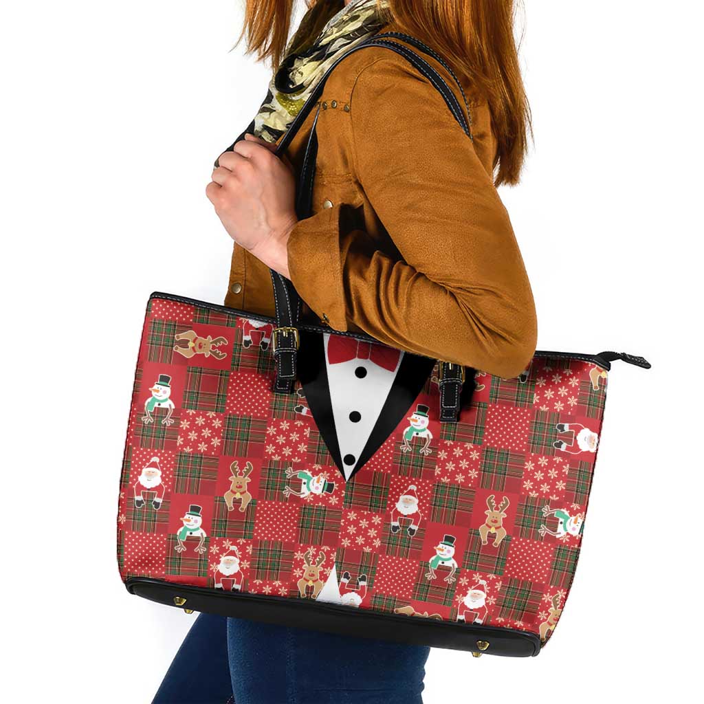 Christmas Patchwork Fake Tuxedo Leather Tote Bag Santa and Reindeer Red Plaid Style - Wonder Print Shop