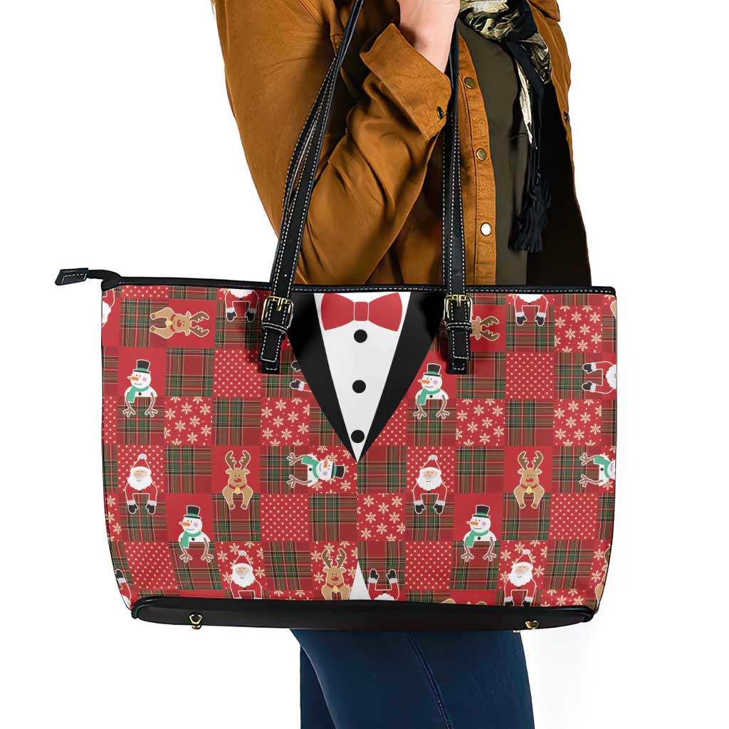 Christmas Patchwork Fake Tuxedo Leather Tote Bag Santa and Reindeer Red Plaid Style - Wonder Print Shop