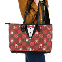 Christmas Patchwork Fake Tuxedo Leather Tote Bag Santa and Reindeer Red Plaid Style - Wonder Print Shop