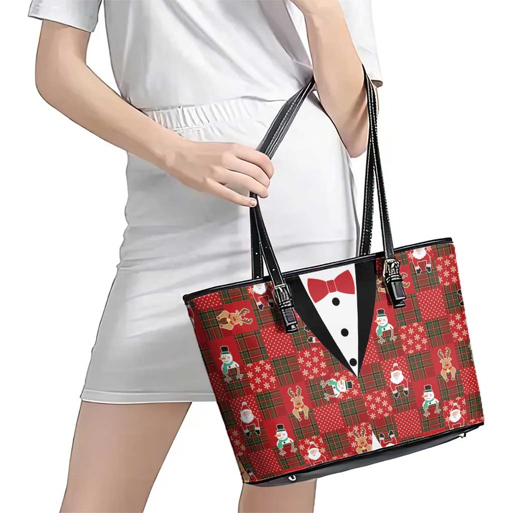 Christmas Patchwork Fake Tuxedo Leather Tote Bag Santa and Reindeer Red Plaid Style - Wonder Print Shop