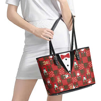 Christmas Patchwork Fake Tuxedo Leather Tote Bag Santa and Reindeer Red Plaid Style - Wonder Print Shop