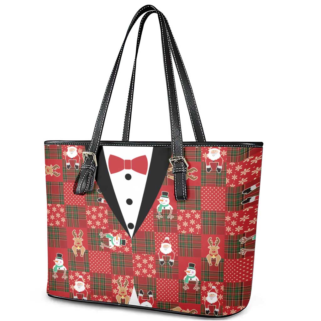Christmas Patchwork Fake Tuxedo Leather Tote Bag Santa and Reindeer Red Plaid Style - Wonder Print Shop