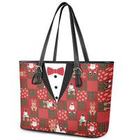 Christmas Patchwork Fake Tuxedo Leather Tote Bag Santa and Reindeer Red Plaid Style - Wonder Print Shop