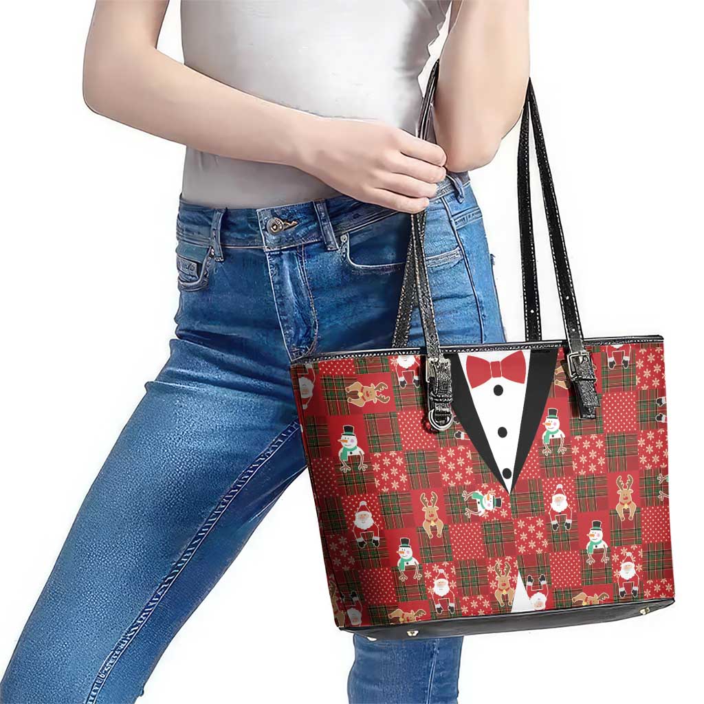 Christmas Patchwork Fake Tuxedo Leather Tote Bag Santa and Reindeer Red Plaid Style - Wonder Print Shop