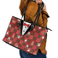 Christmas Patchwork Fake Tuxedo Leather Tote Bag Santa and Reindeer Red Plaid Style - Wonder Print Shop