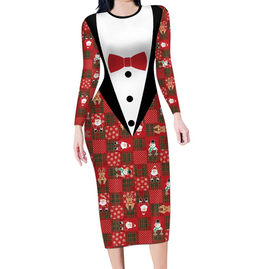 Christmas Patchwork Fake Tuxedo Long Sleeve Bodycon Dress Santa and Reindeer Red Plaid Style - Wonder Print Shop
