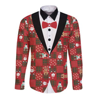 Christmas Patchwork Fake Tuxedo Long Sleeve Button Shirt Santa and Reindeer Red Plaid Style - Wonder Print Shop