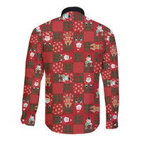 Christmas Patchwork Fake Tuxedo Long Sleeve Button Shirt Santa and Reindeer Red Plaid Style - Wonder Print Shop