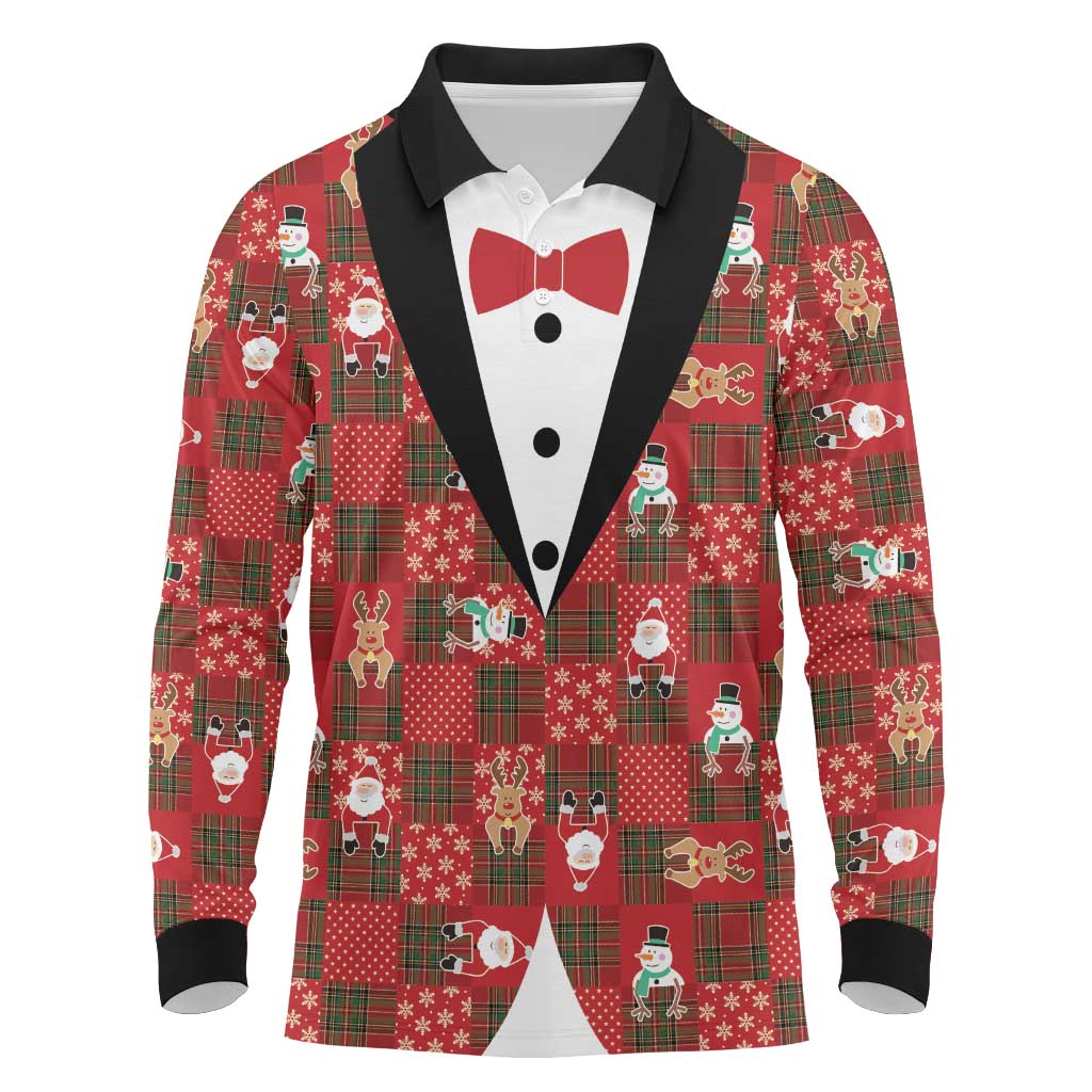 Christmas Patchwork Fake Tuxedo Long Sleeve Polo Shirt Santa and Reindeer Red Plaid Style - Wonder Print Shop